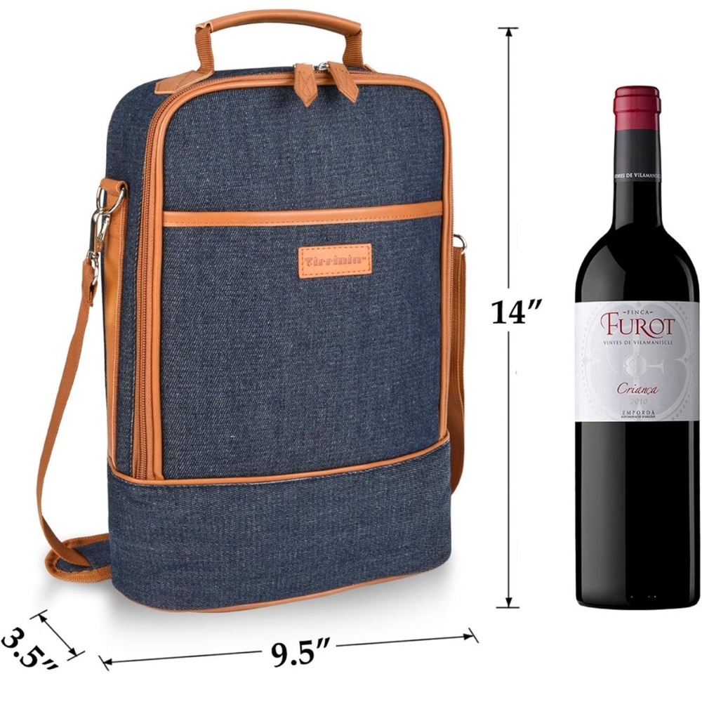 Tirrinia Portable Wine Bag Denim Holds 2 Bottles